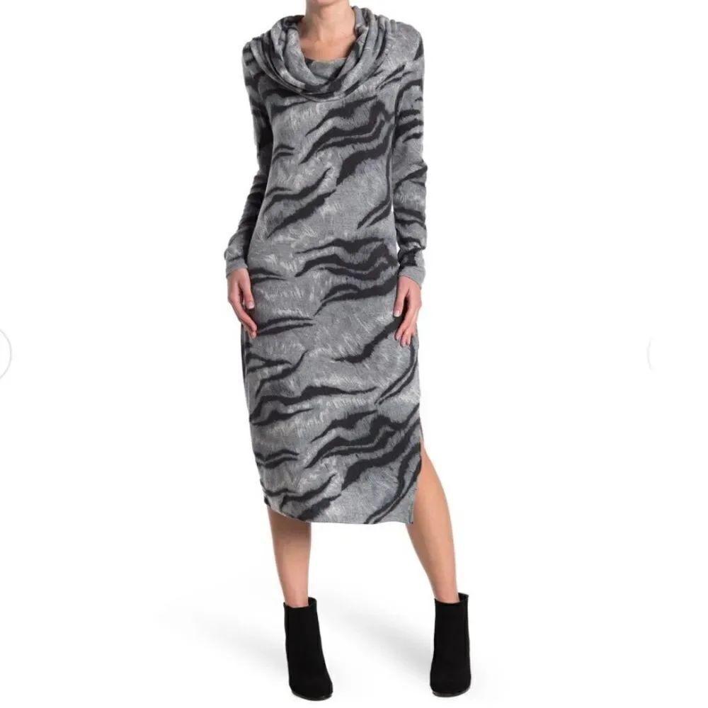 NWT Catherine Malandrino Beautiful Cowl neck Grey MIDI sweater stretch dress New